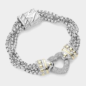 Two Tone CZ Heart Pendant Magnetic Chain Bracelet Bangle 14K Gold Silver Jewelry